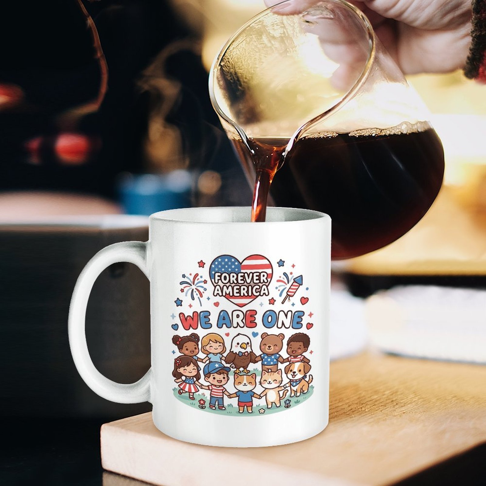 Patriotic cartoon unity graphic white ceramic mug for home coffee & tea drinking, Fourth of July themed household mug