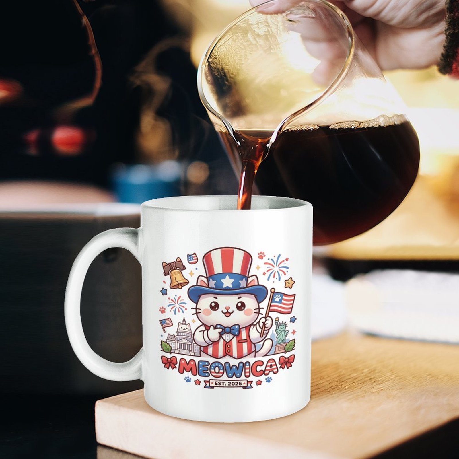 Brewing lifestyle photo: White ceramic mug with funny patriotic kitty graphic for home daily coffee pouring, USA 250 anniversary cat themed kitchen mug