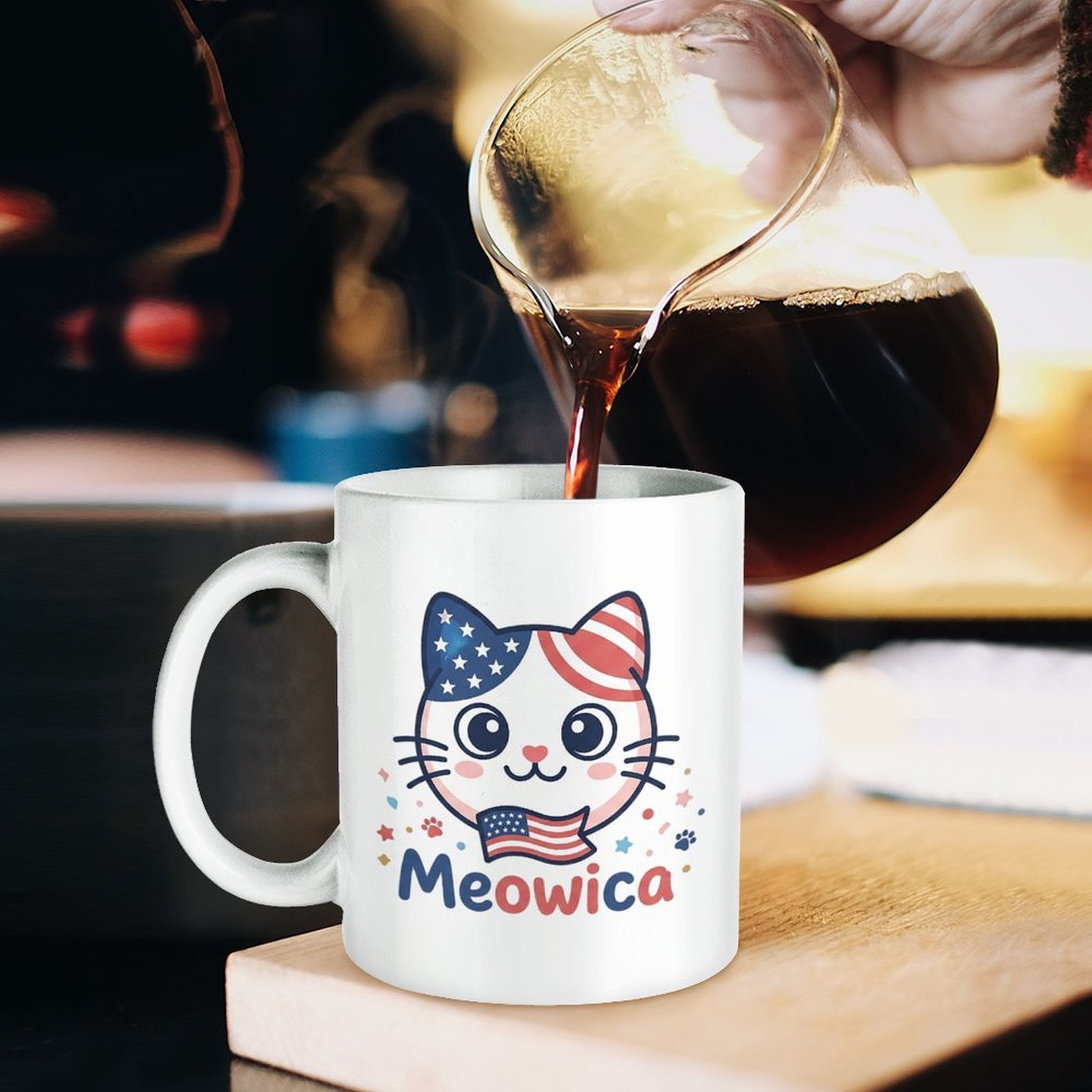 White ceramic mug with minimal patriotic cat graphic for home daily coffee, USA 250 anniversary cat themed kitchen cup