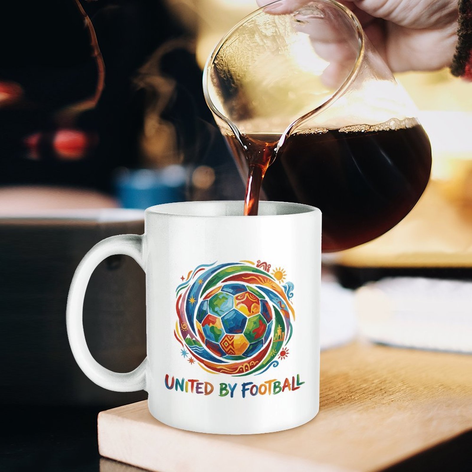 Lifestyle shot of the mug being filled with coffee, showing the colorful “United By Football” print clearly