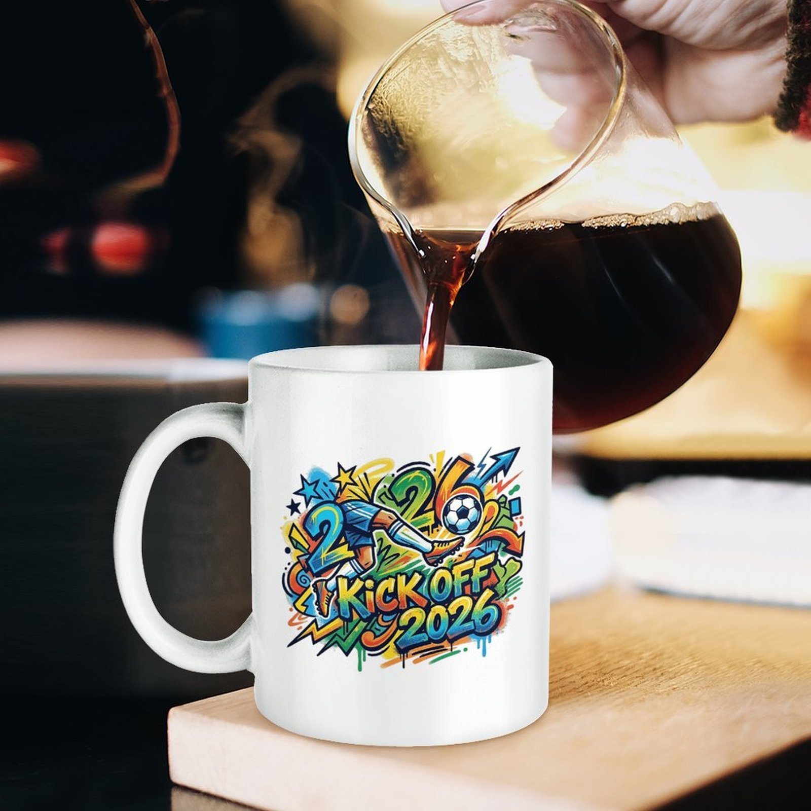Lifestyle shot of the mug being filled with coffee, showing the vibrant “Kick Off 2026” print clearly