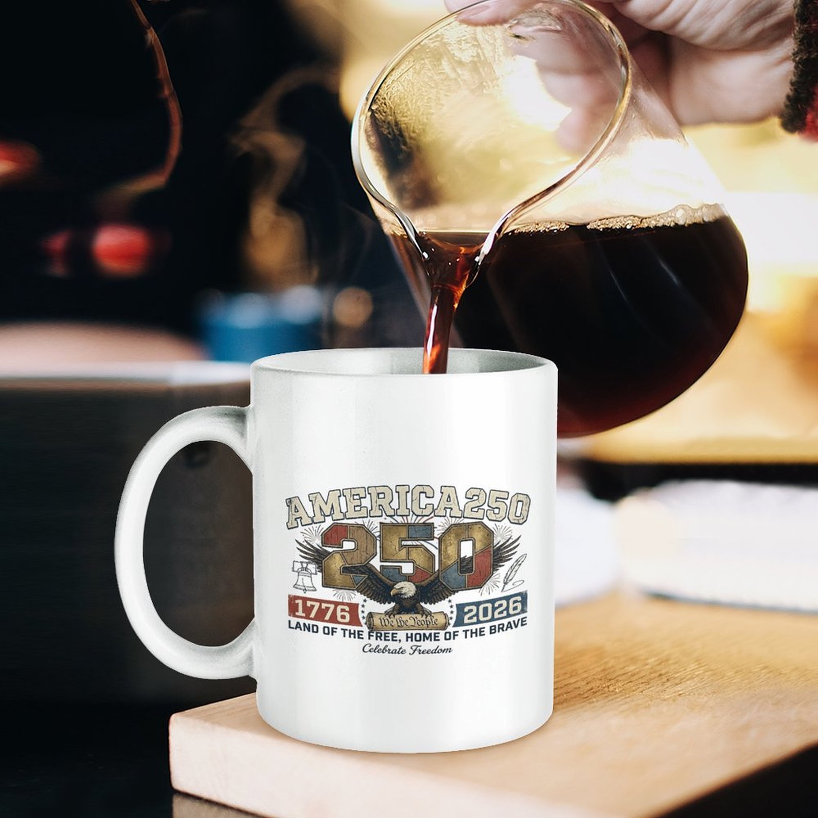 Hot coffee poured into white USA 250 eagle liberty bell printed ceramic mug, retro patriotic daily home coffee mug for Independence Day