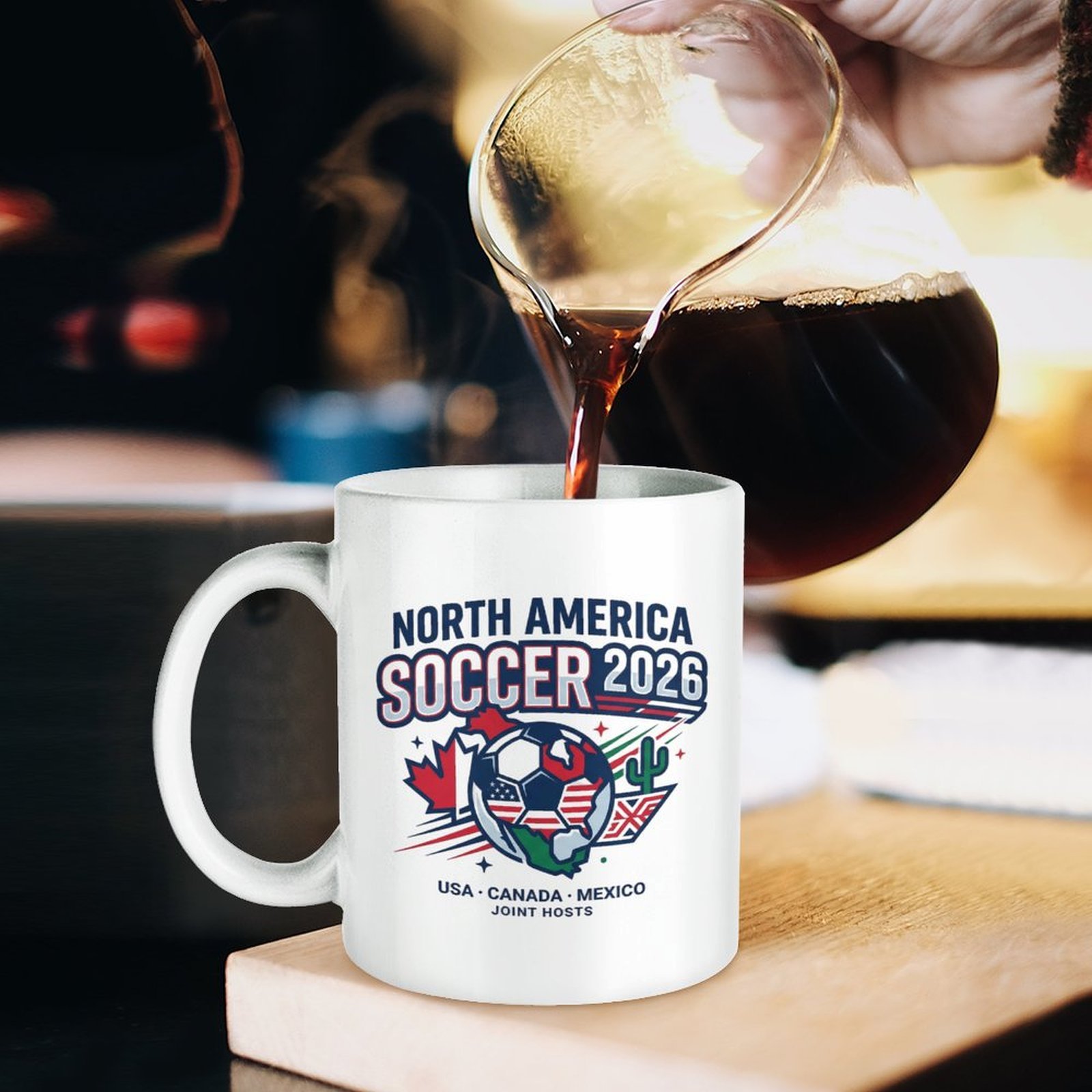 Lifestyle shot of the tournament-themed mug being filled with coffee, showing the full sporty graphic clearly.