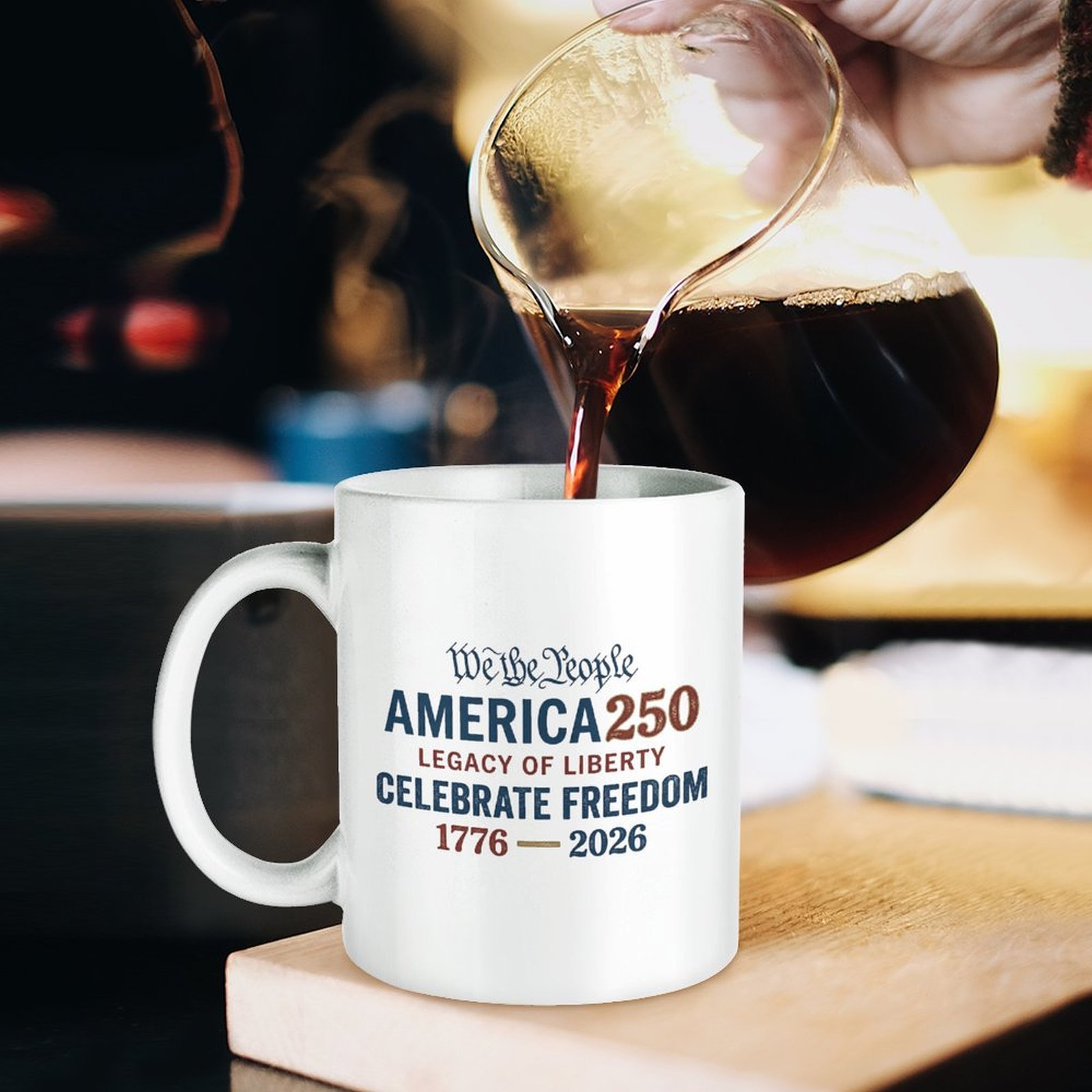 Hot coffee pouring into white retro We The People America250 freedom slogan printed ceramic mug, USA 250 anniversary daily patriotic home coffee mug
