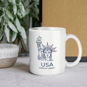 11oz glossy white ceramic coffee mug, minimalist line art Statue of Liberty graphic, "USA BORN OF LIBERTY" print, patriotic USA 250th independence daily tea cup