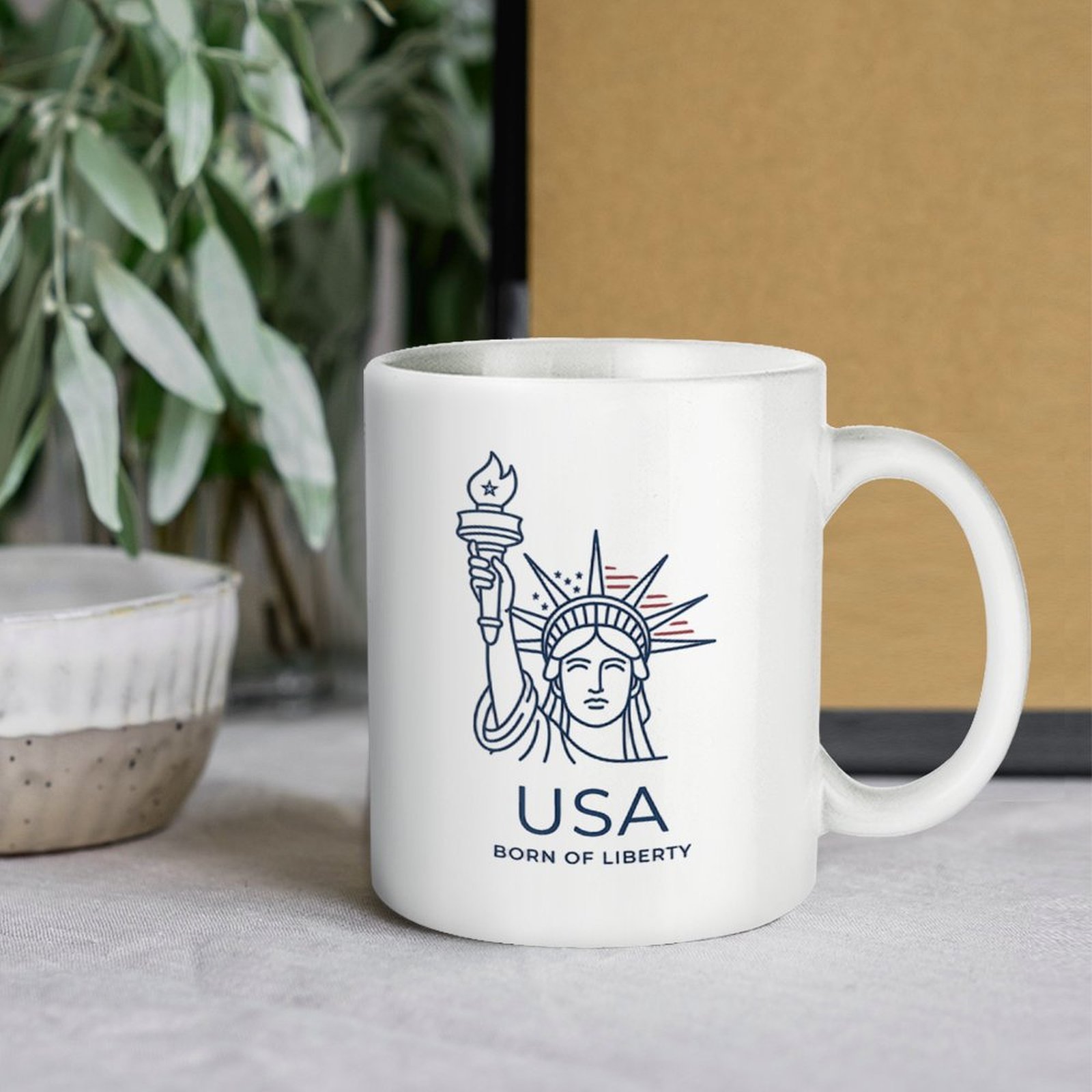 11oz glossy white ceramic coffee mug, minimalist line art Statue of Liberty graphic, "USA BORN OF LIBERTY" print, patriotic USA 250th independence daily tea cup