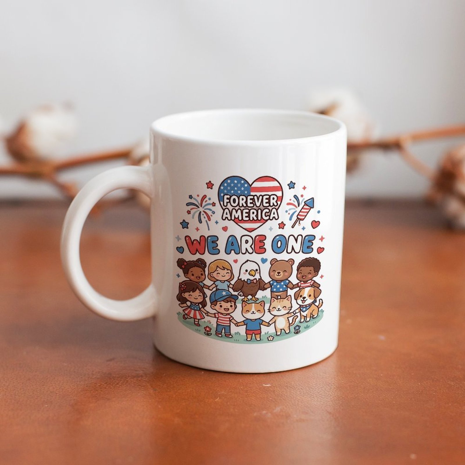 11oz glossy white ceramic mug with colorful independence day cartoon animal & children full front patriotic artwork