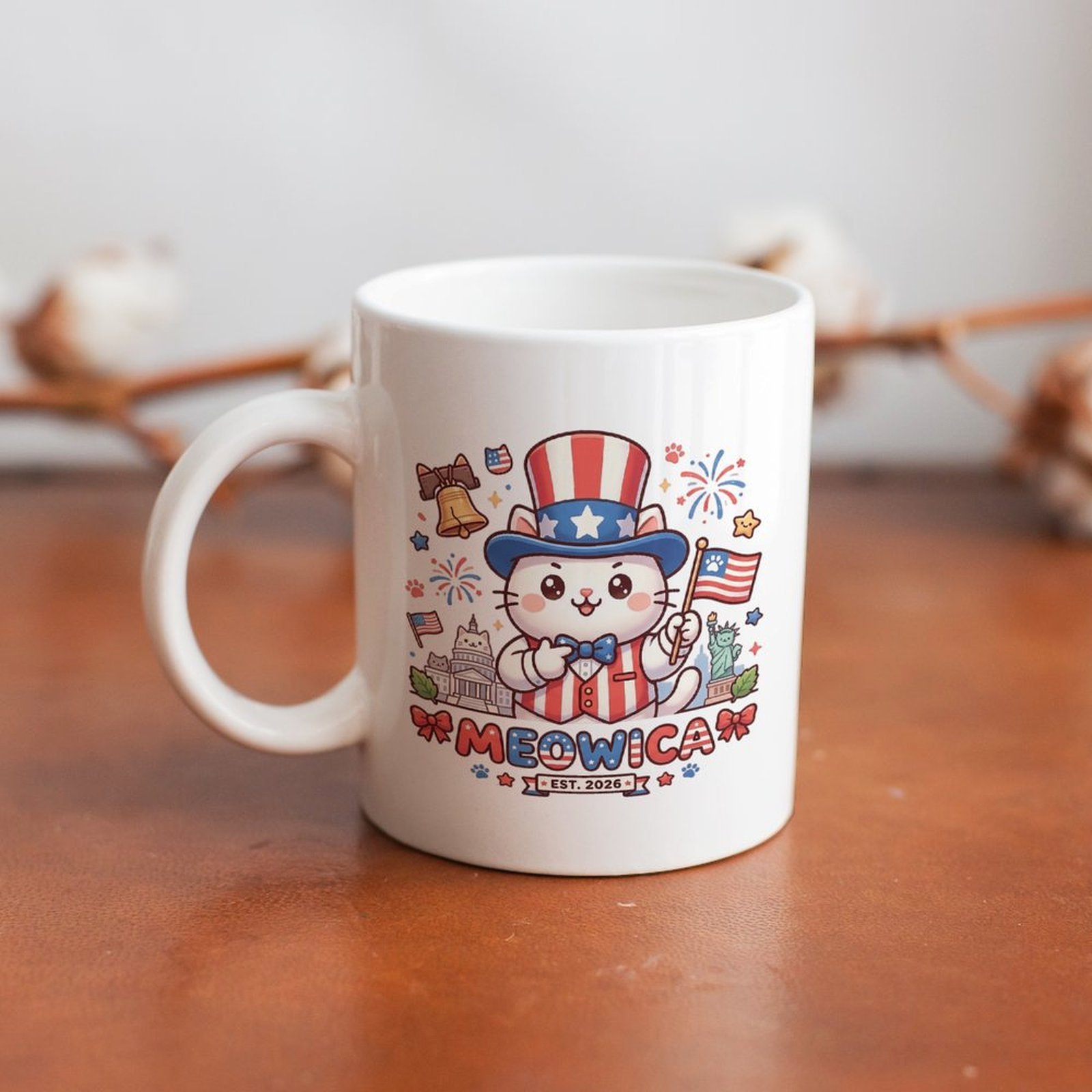 Table decor shot: Standard 11oz smooth ceramic mug featuring colorful Meowica cat patriotic independence day artwork