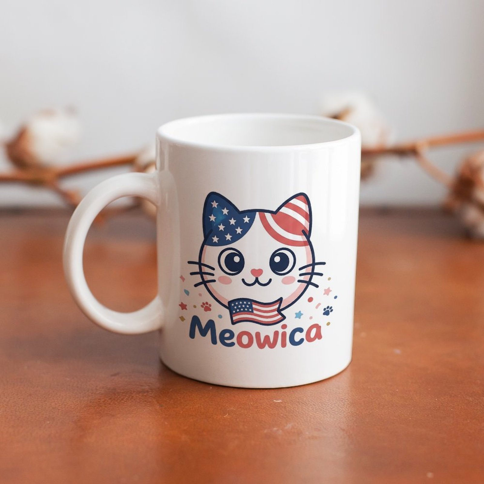 Standard smooth 11oz ceramic mug decorated with simple star confetti Meowica cat patriotic artwork