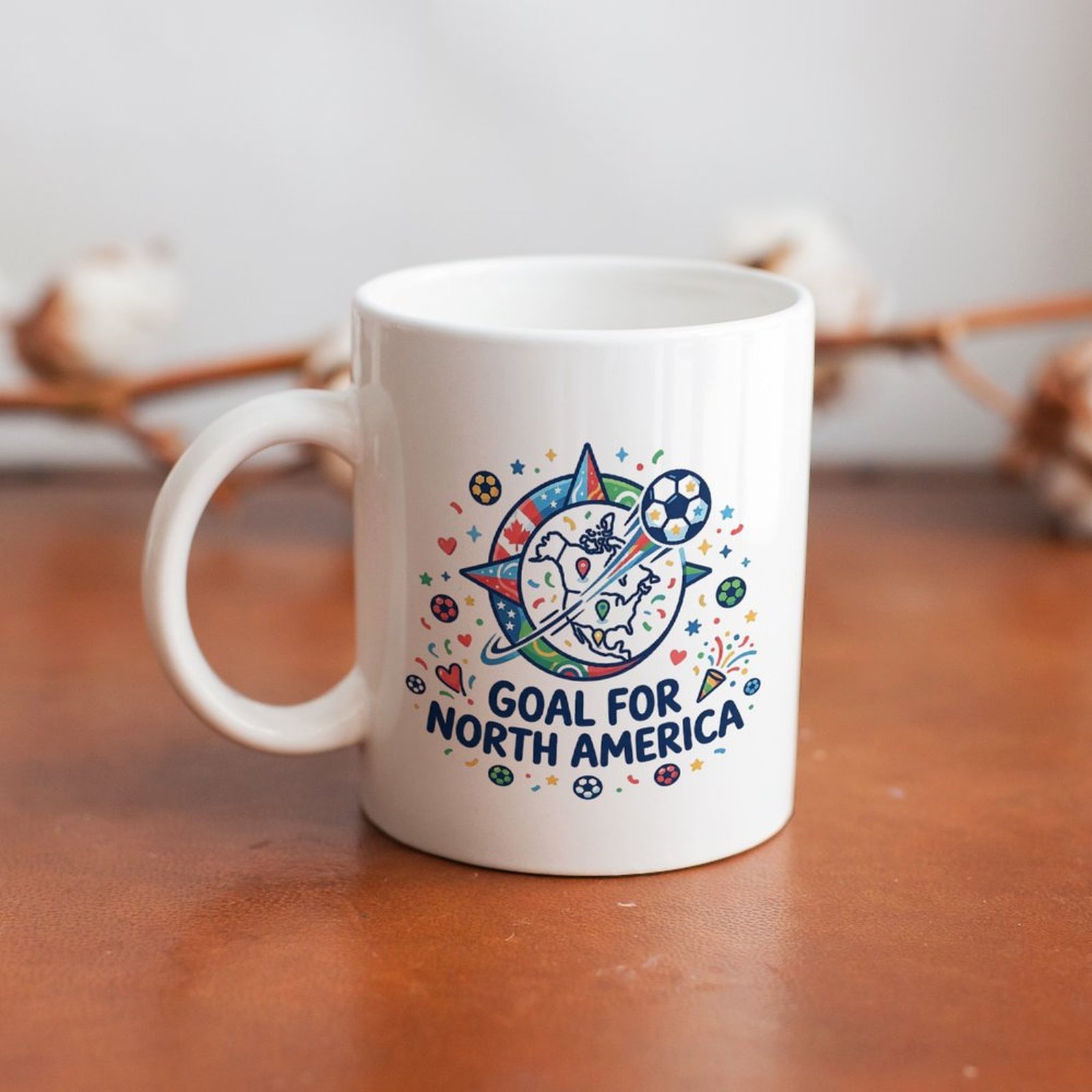 Lifestyle shot of the mug on a wooden table, highlighting the festive soccer-themed design