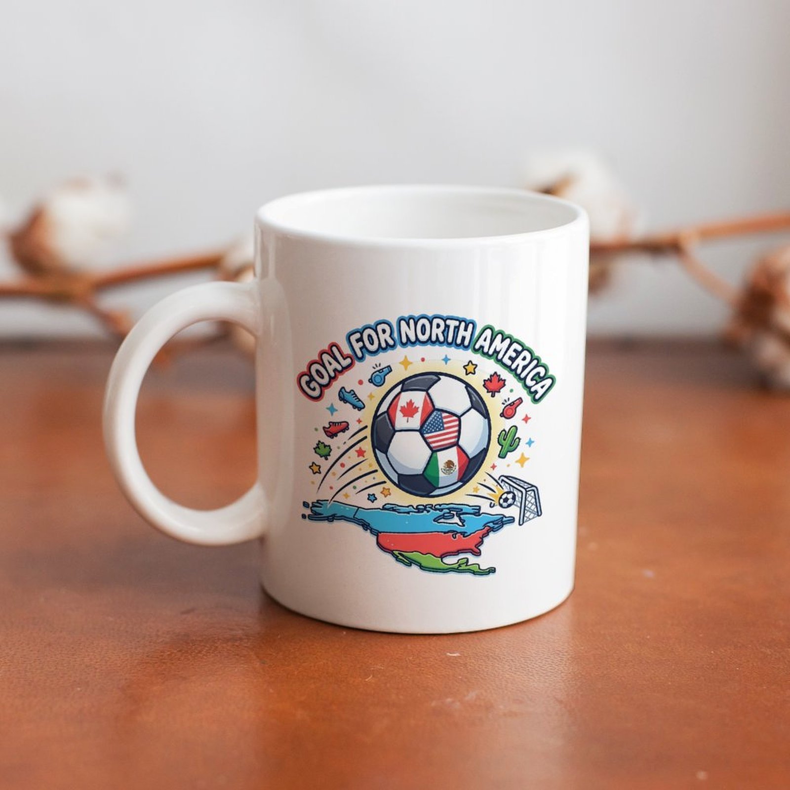 Patriotic football design coffee mug placed on rustic wooden desktop with dry plant decor background