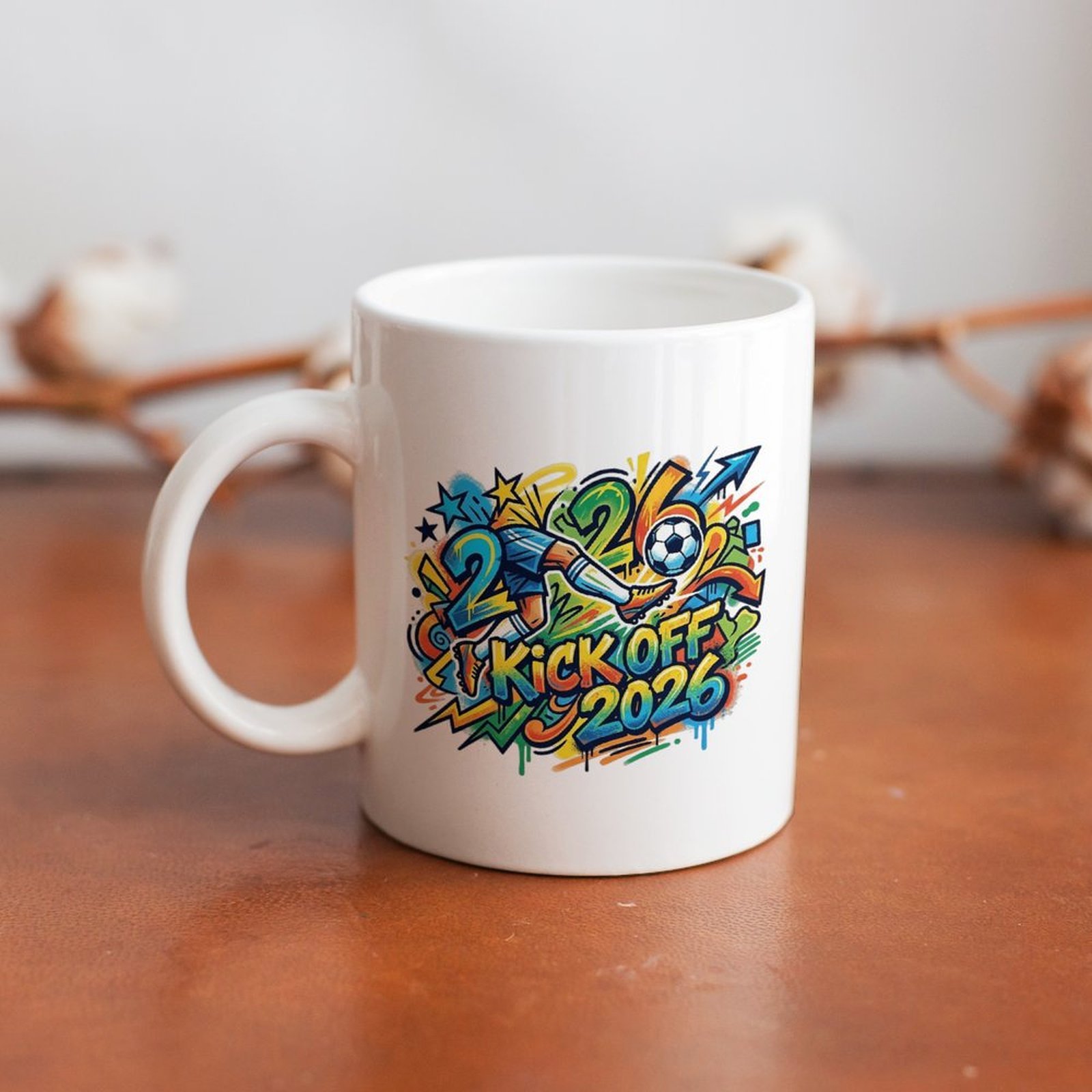 Lifestyle shot of the mug on a wooden table, highlighting the dynamic graffiti-style soccer design