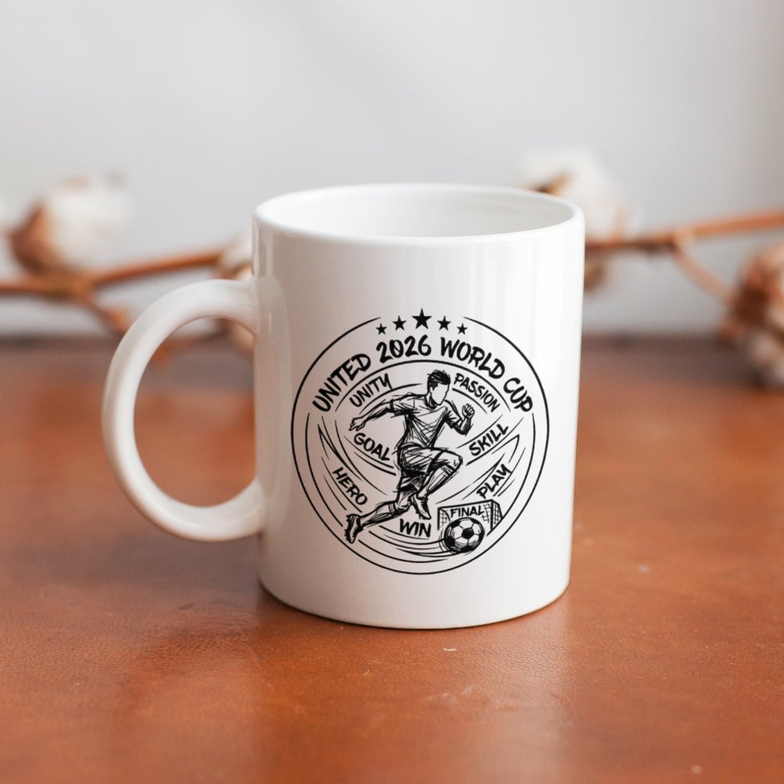 Mug placed on a wooden table, showing the side view of the print and handle in a casual home setting.