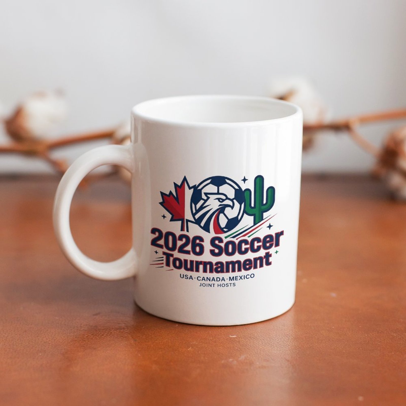 Mug placed on a wooden table, showing the side view of the print and handle in a casual home setting.