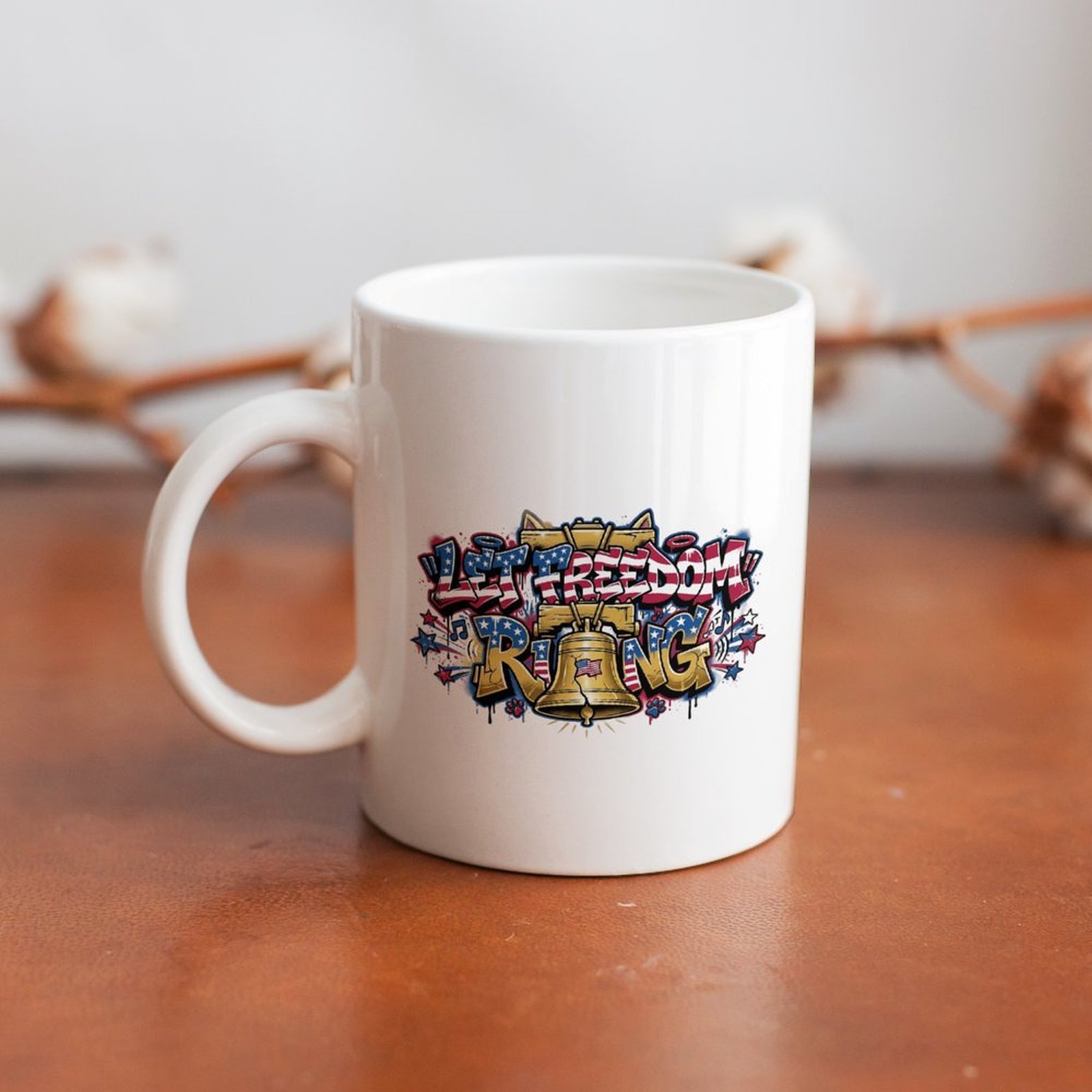 The mug displayed on a wooden table, highlighting the bold patriotic print under soft natural light.