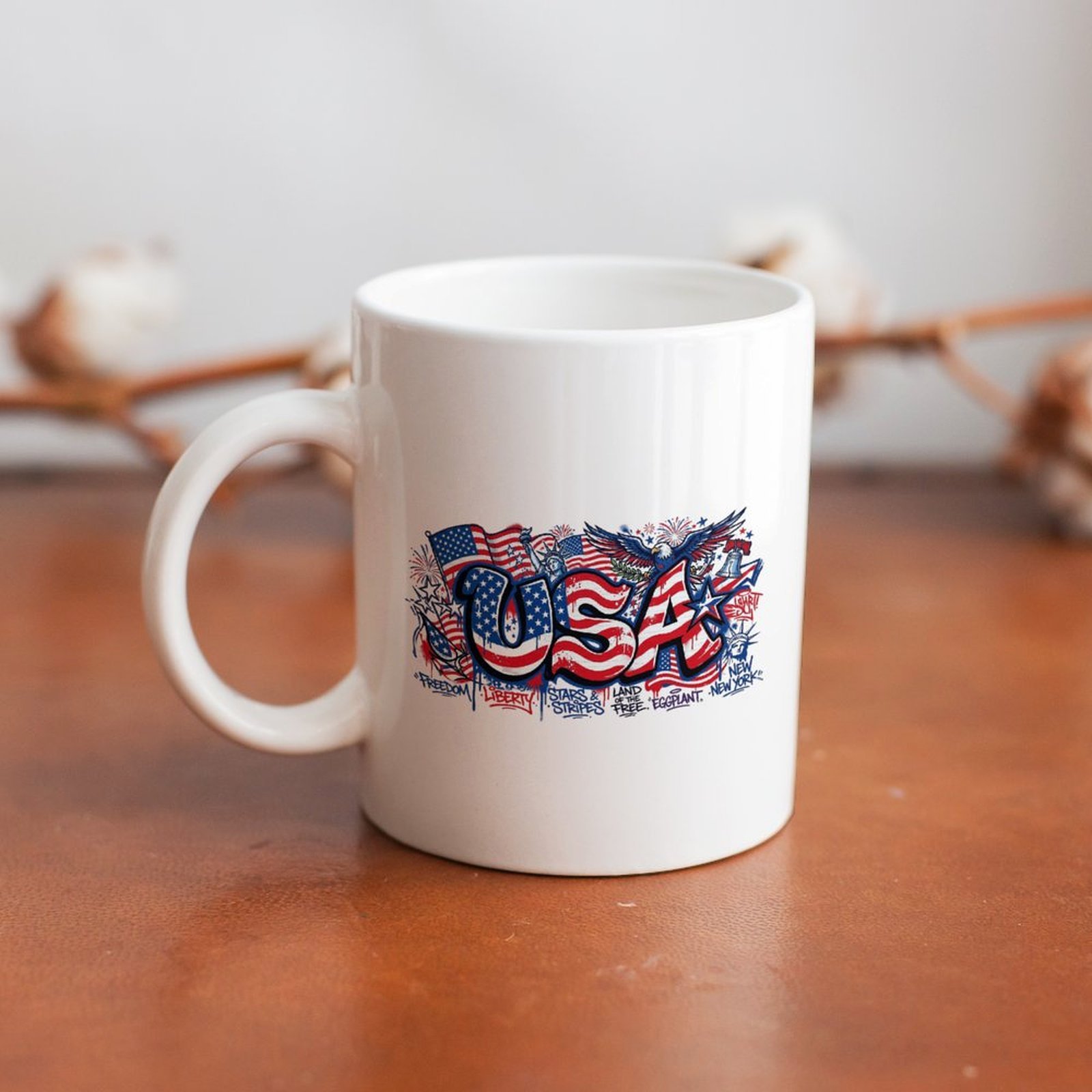 The mug displayed on a wooden table, highlighting the detailed patriotic print under soft natural light.