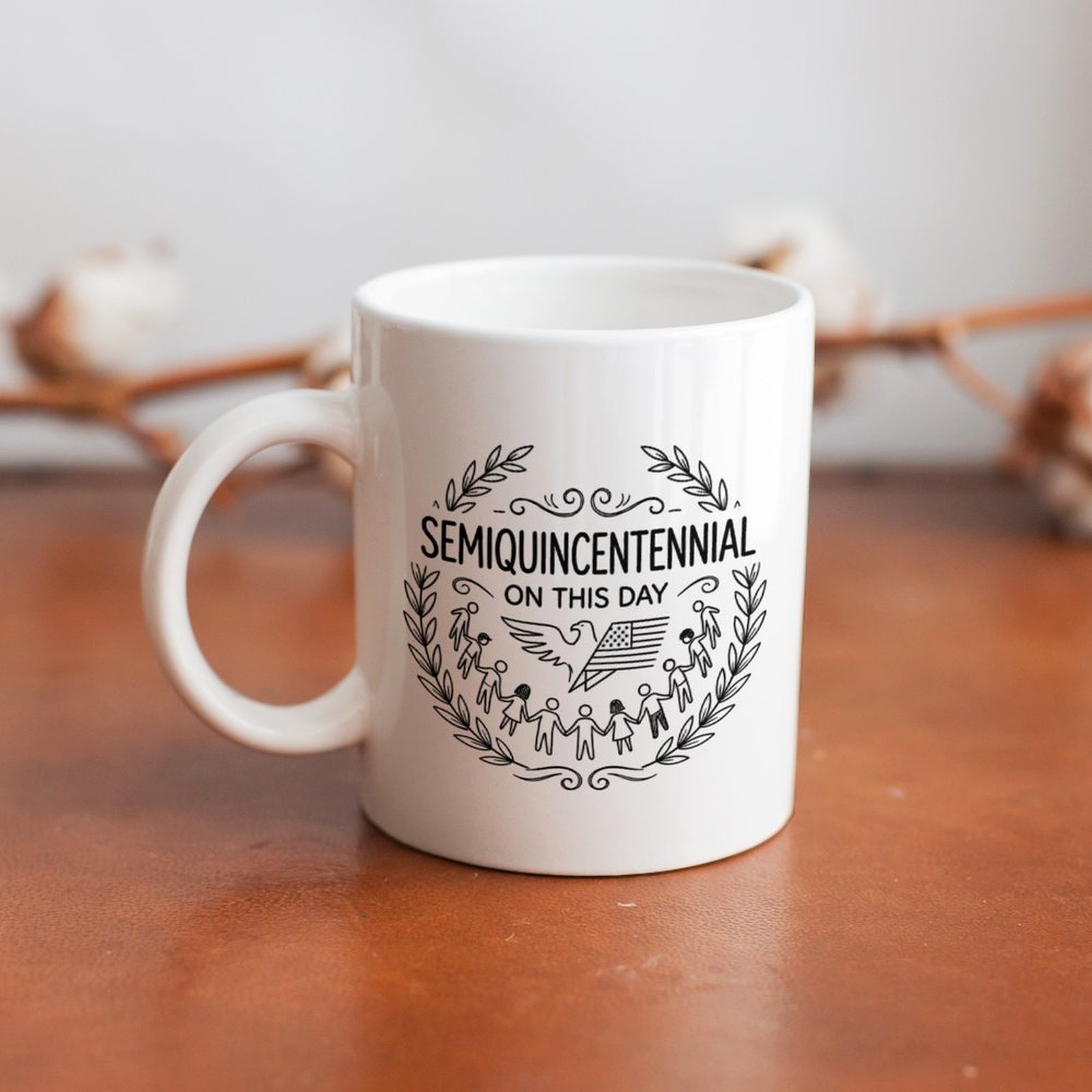 The mug displayed on a wooden table, highlighting the elegant patriotic print under soft natural light.