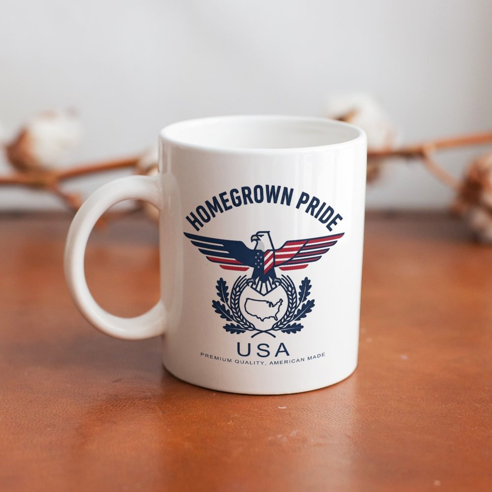 The mug displayed on a wooden table, highlighting the elegant red, white, and blue emblem under soft natural light.