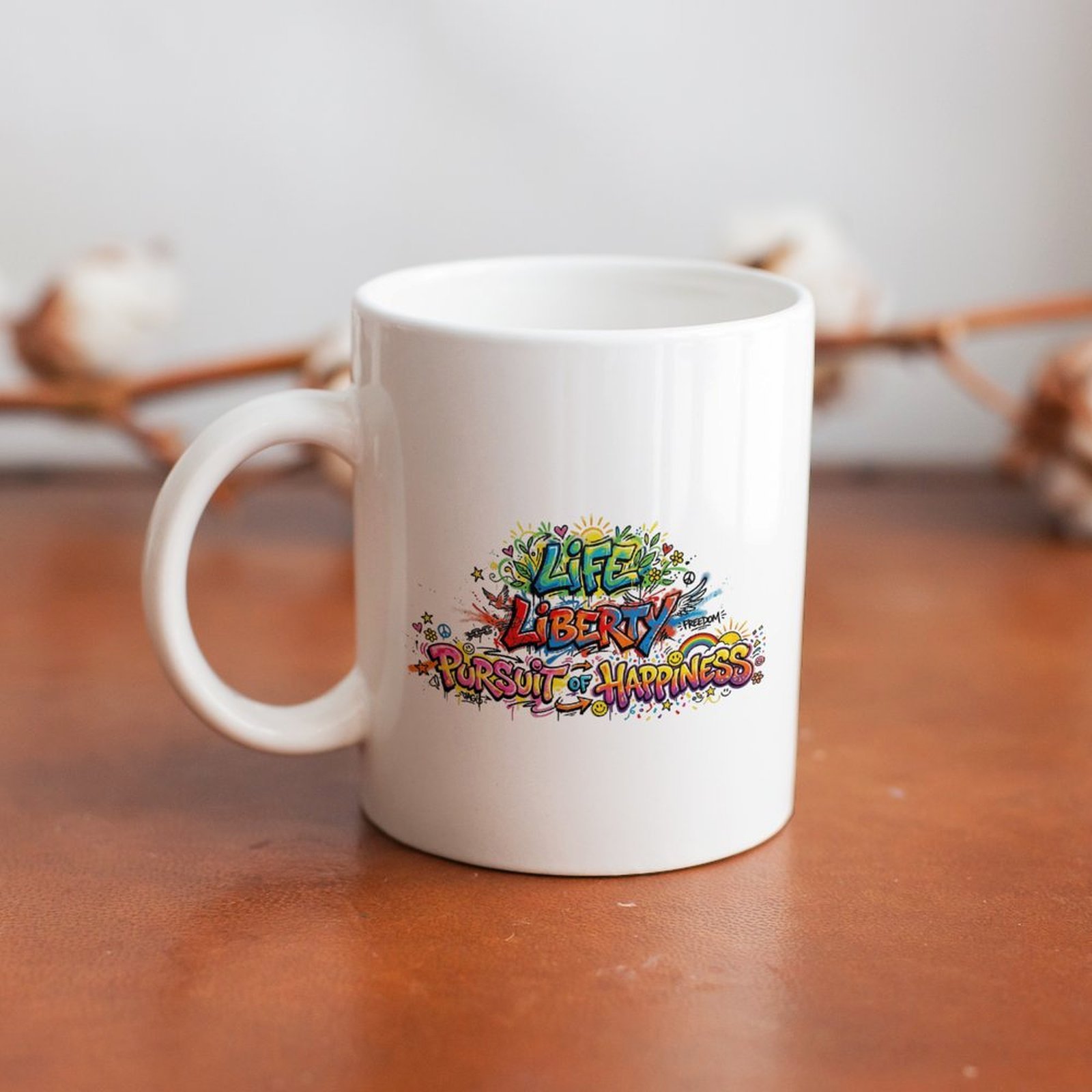 The mug displayed on a wooden table, highlighting the bold, joyful print under soft natural light.