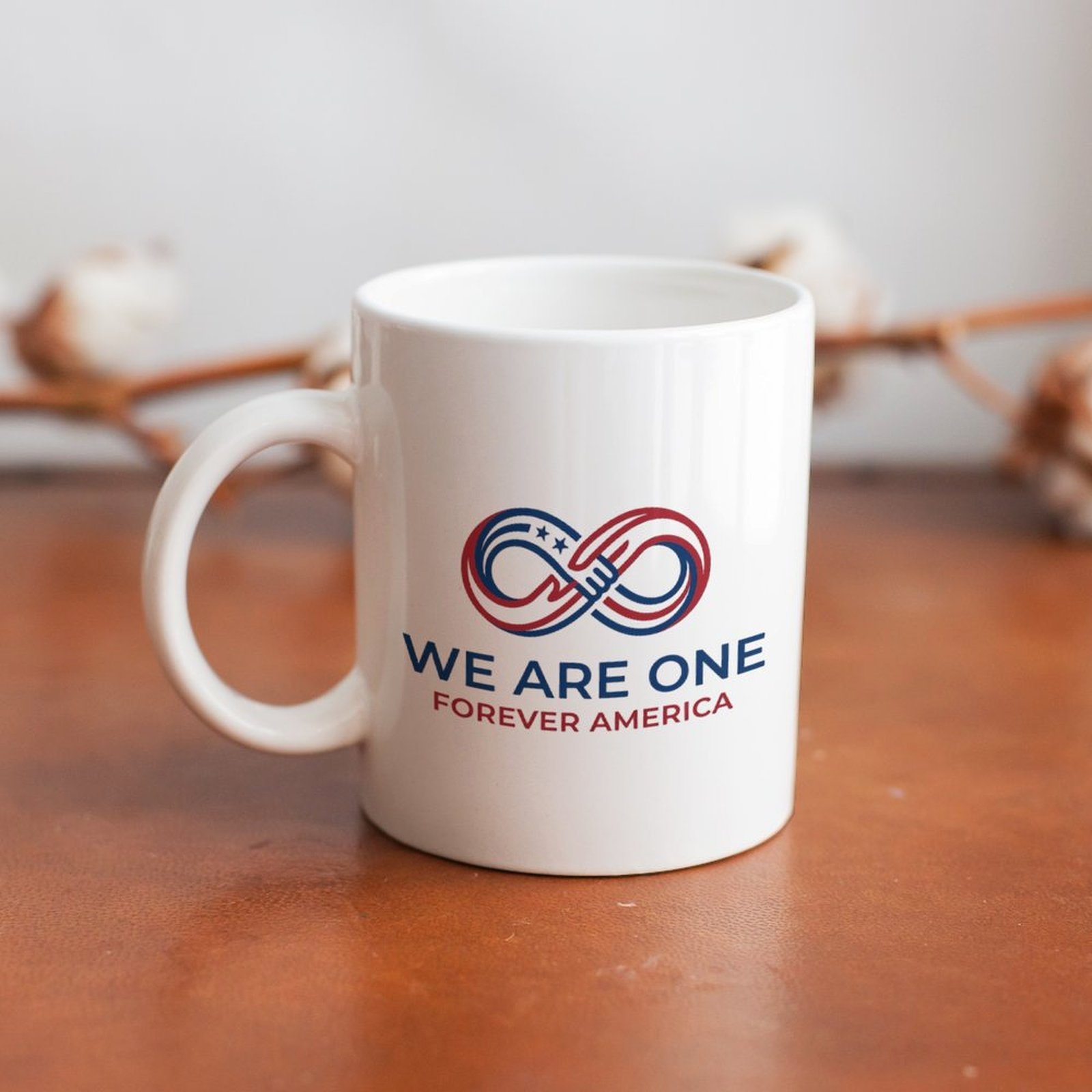The mug displayed on a wooden table, highlighting the sleek, modern design under soft natural light.