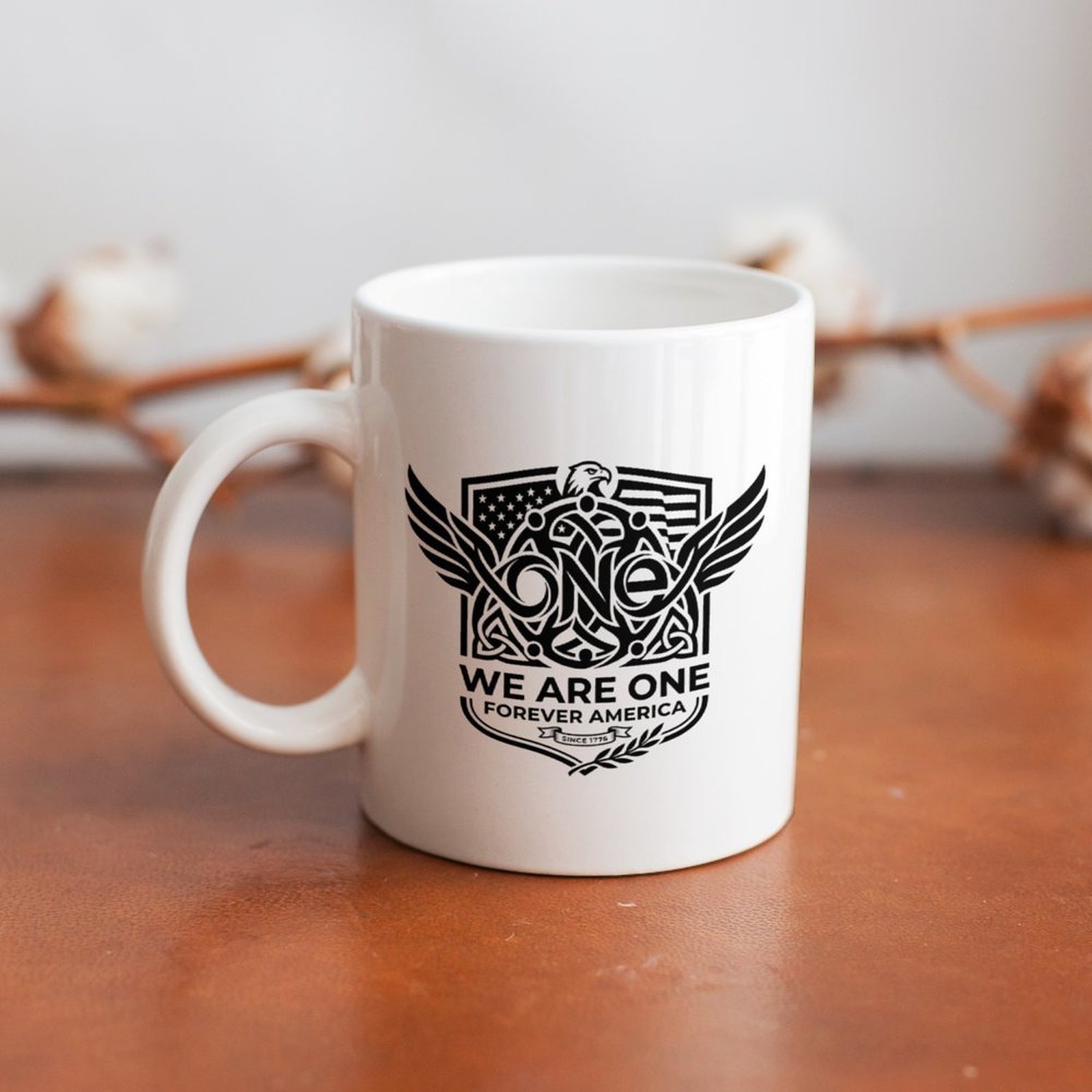 Decor lifestyle photo: The USA unity ceramic mug placed on a leather wooden table with cotton decor background