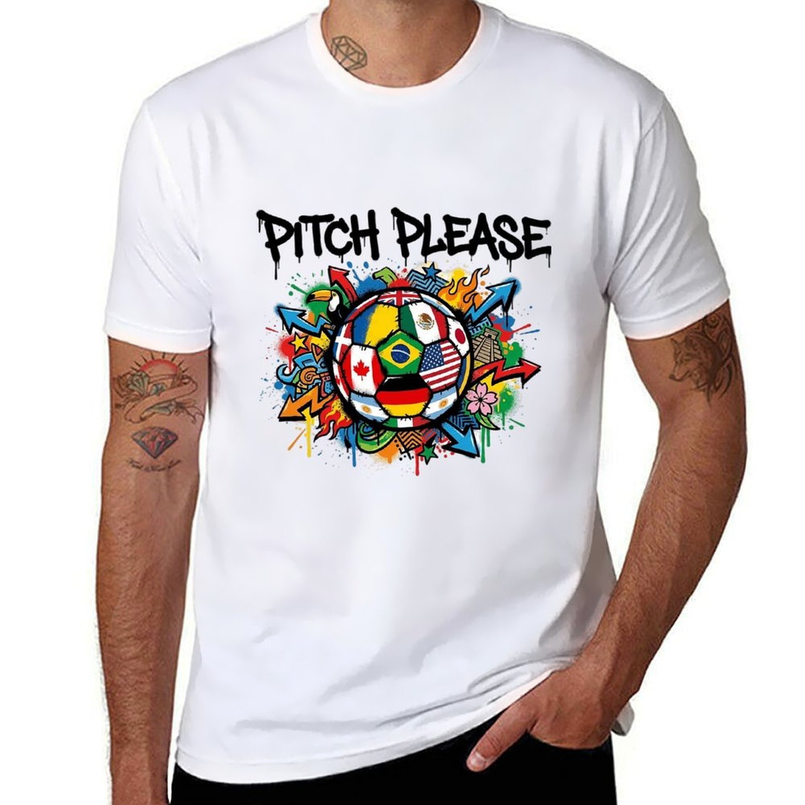 Man in white soccer flag print casual tee for outdoor street styling, football fan apparel