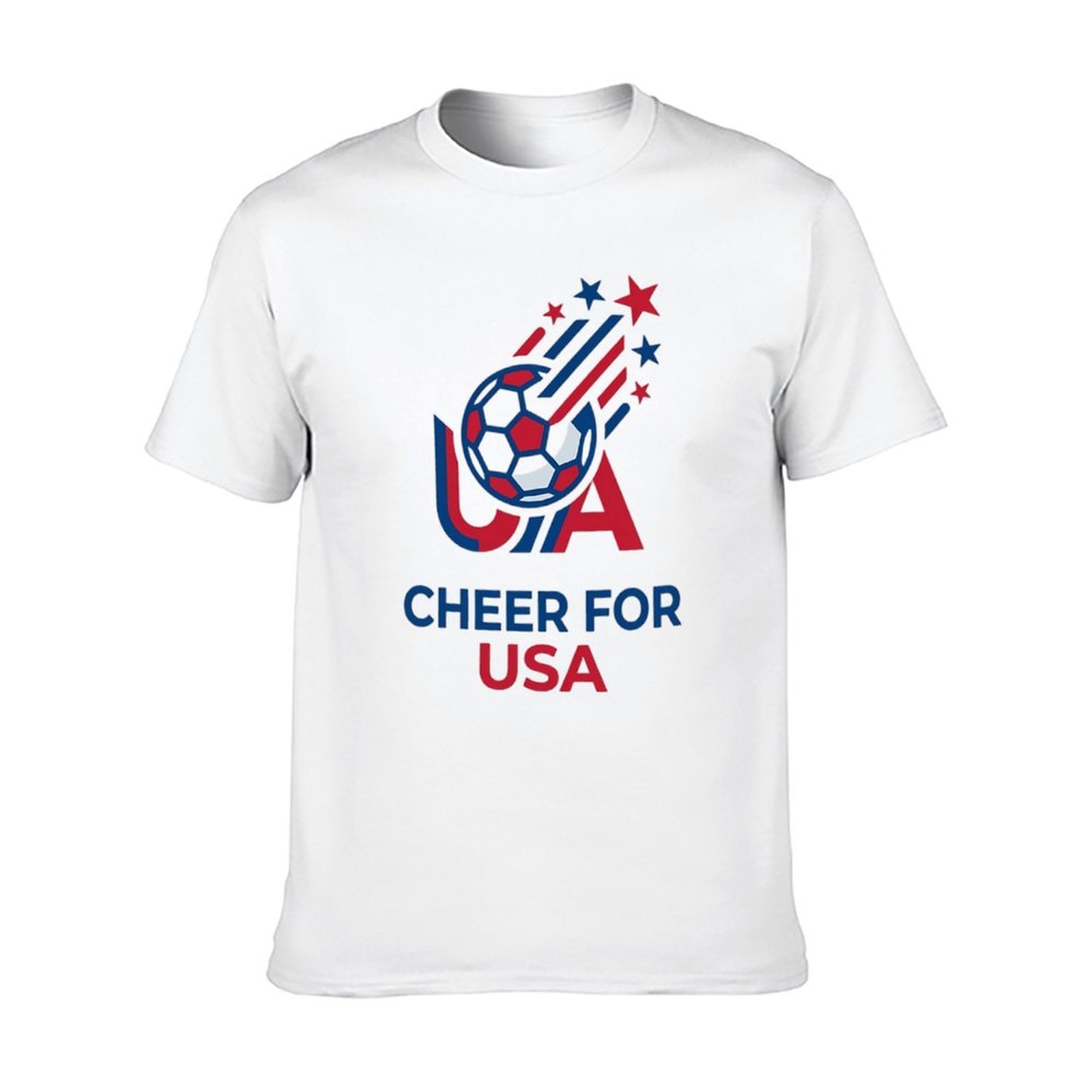 Solid white crew neck t-shirt with red blue star trail USA soccer front graphic