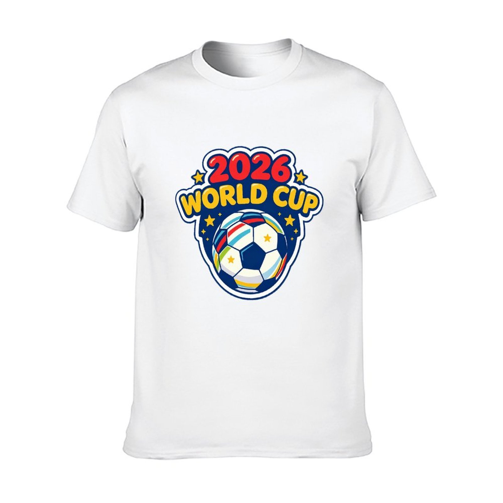 Solid white crew neck t-shirt with colorful cartoon badge soccer and bubble font World Cup front artwork
