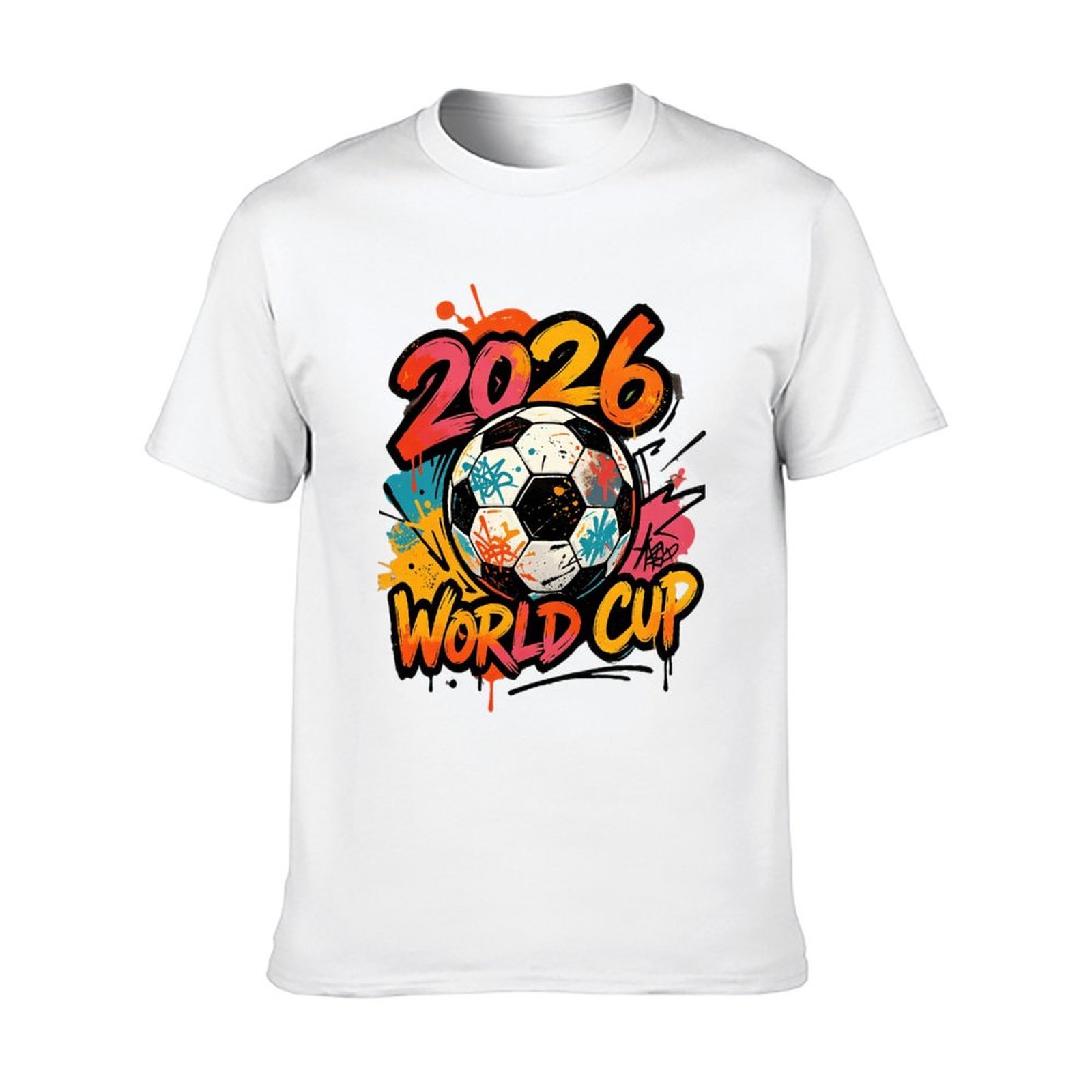 Solid white crew neck t-shirt with vibrant street art splash paint soccer and gradient letter front print