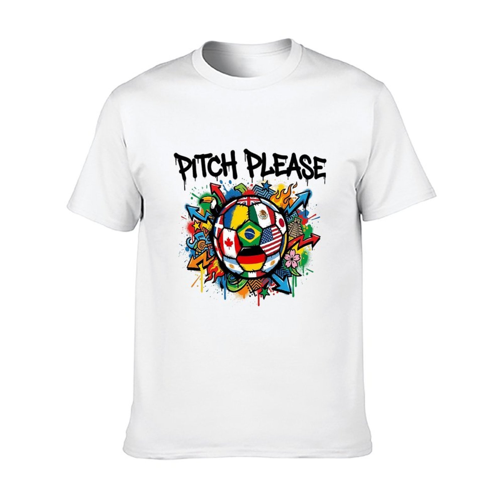 Blank white crew neck t-shirt with vibrant street art world flags football and drip font slogan graphic