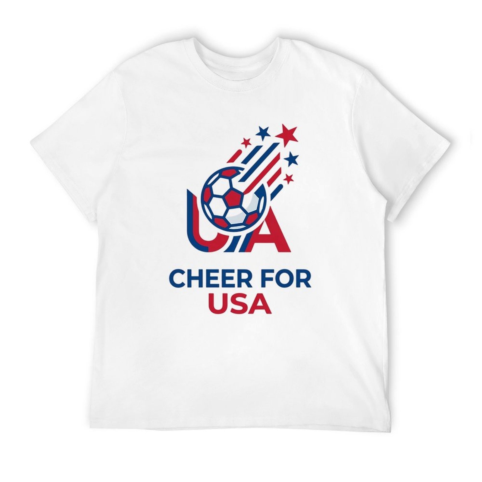 Overhead flat lay of white USA national team cheer football printed short sleeve shirt