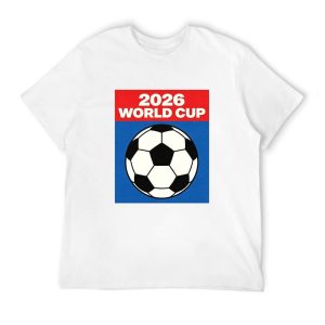 Overhead flat lay of white World Cup tournament printed cotton t-shirt