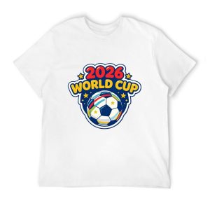 Overhead flat lay of white short sleeve tee with full 2026 World Cup comic football graphic