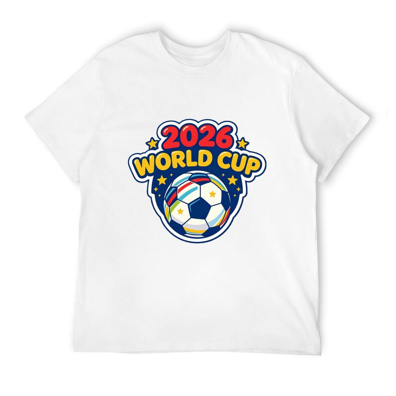 Overhead flat lay of white short sleeve tee with full 2026 World Cup comic football graphic