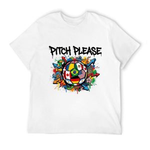 Overhead shot of white short sleeve tee with full colorful 2026 World Cup graffiti soccer artwork