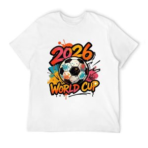 Overhead flat lay of white short sleeve tee with full graffiti World Cup football artwork