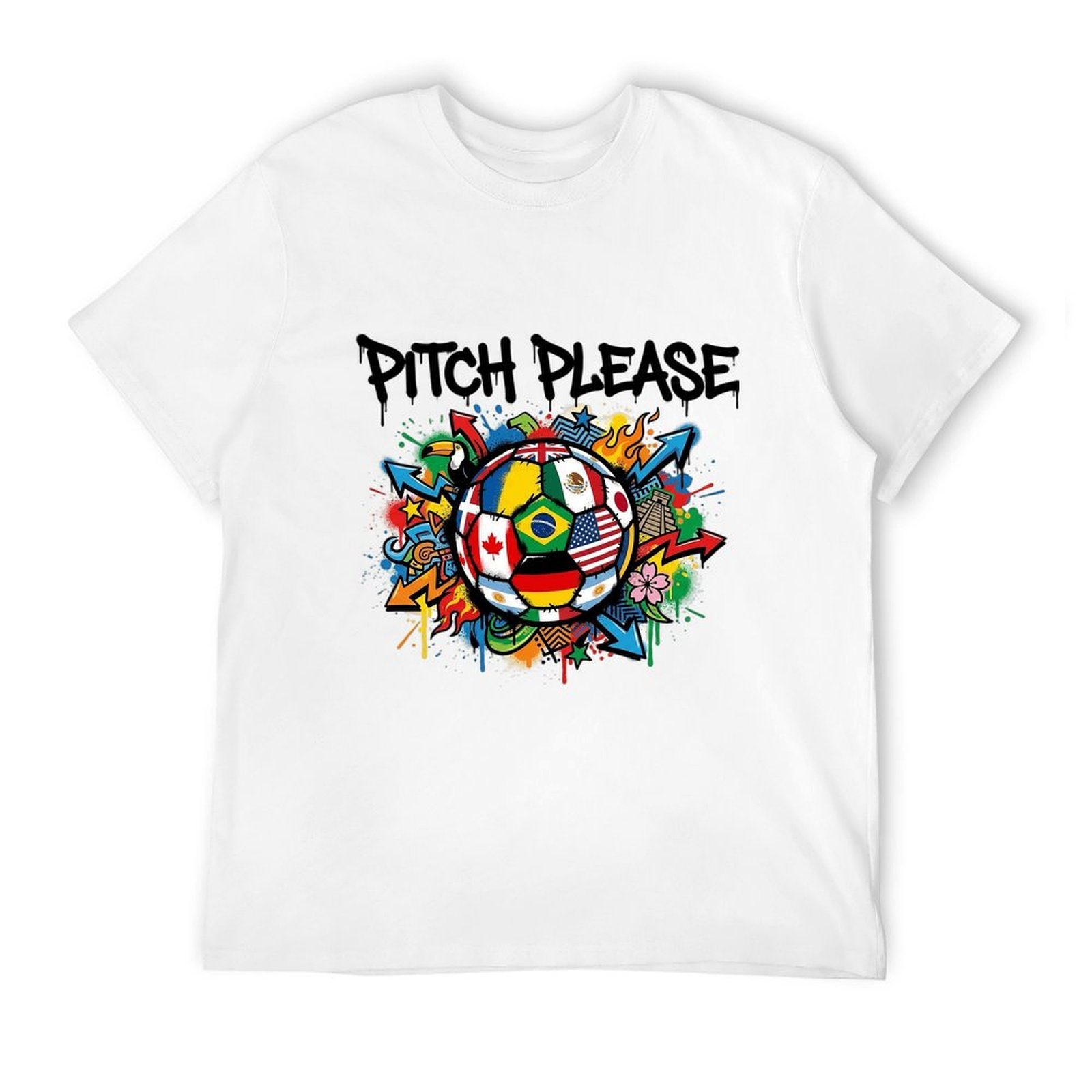 Overhead shot of white short sleeve tee with full colorful 2026 World Cup graffiti soccer artwork