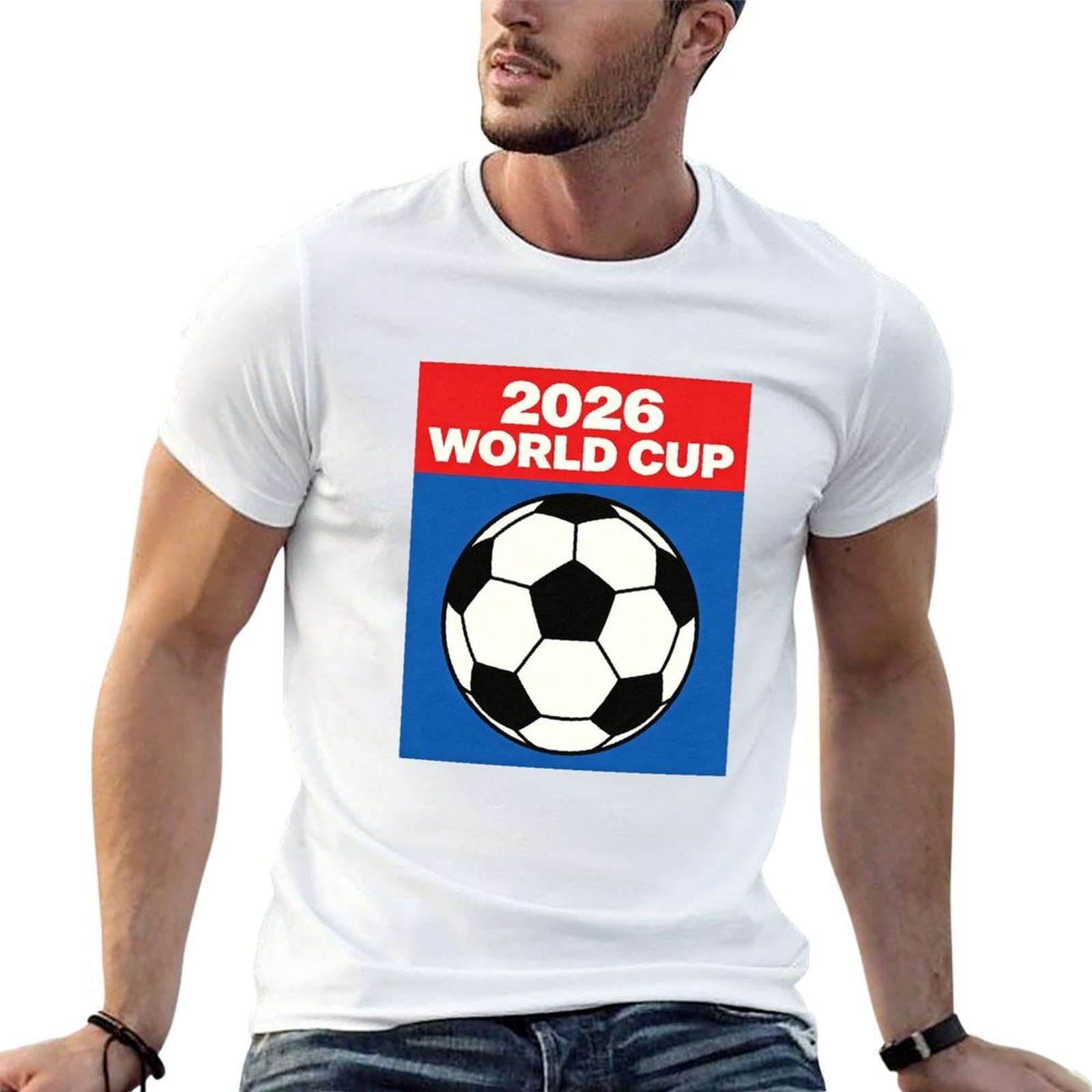 Man in white block soccer graphic tee for outdoor casual football fan outfit
