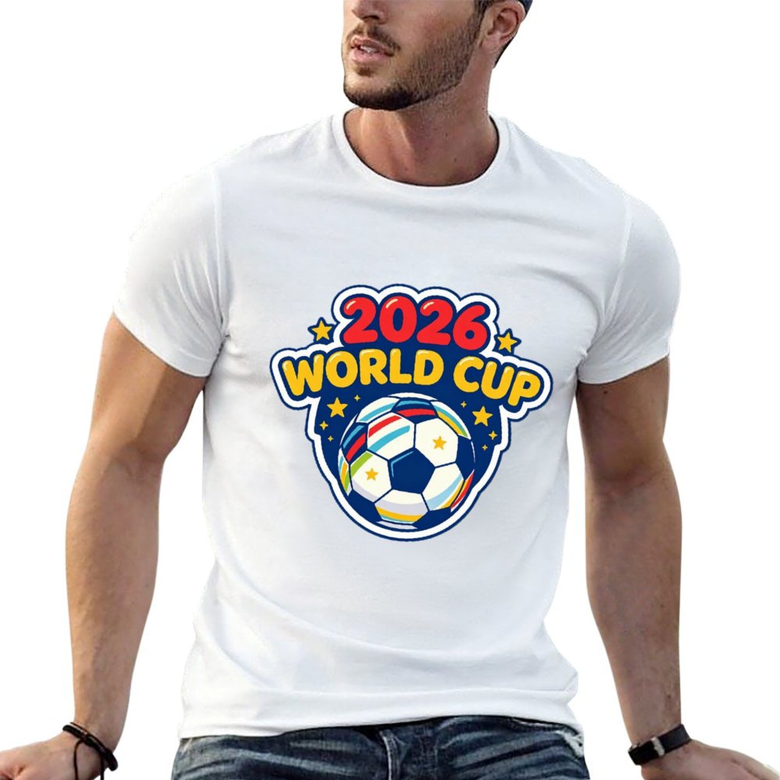 Man in white colorful star soccer printed tee for outdoor casual football fan outfit