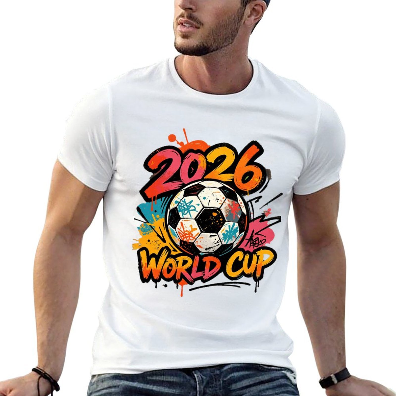 Man in white urban graffiti soccer printed tee for casual outdoor football fan outfit
