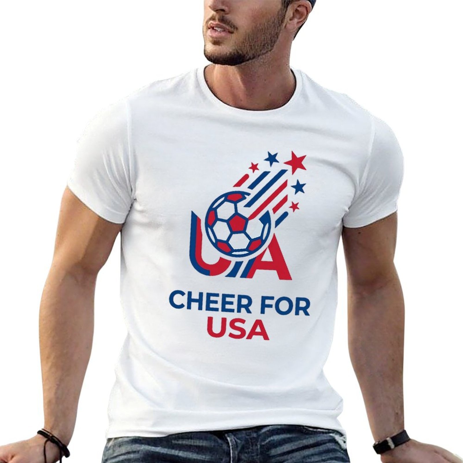Man in white Cheer For USA soccer graphic tee for outdoor casual fan styling