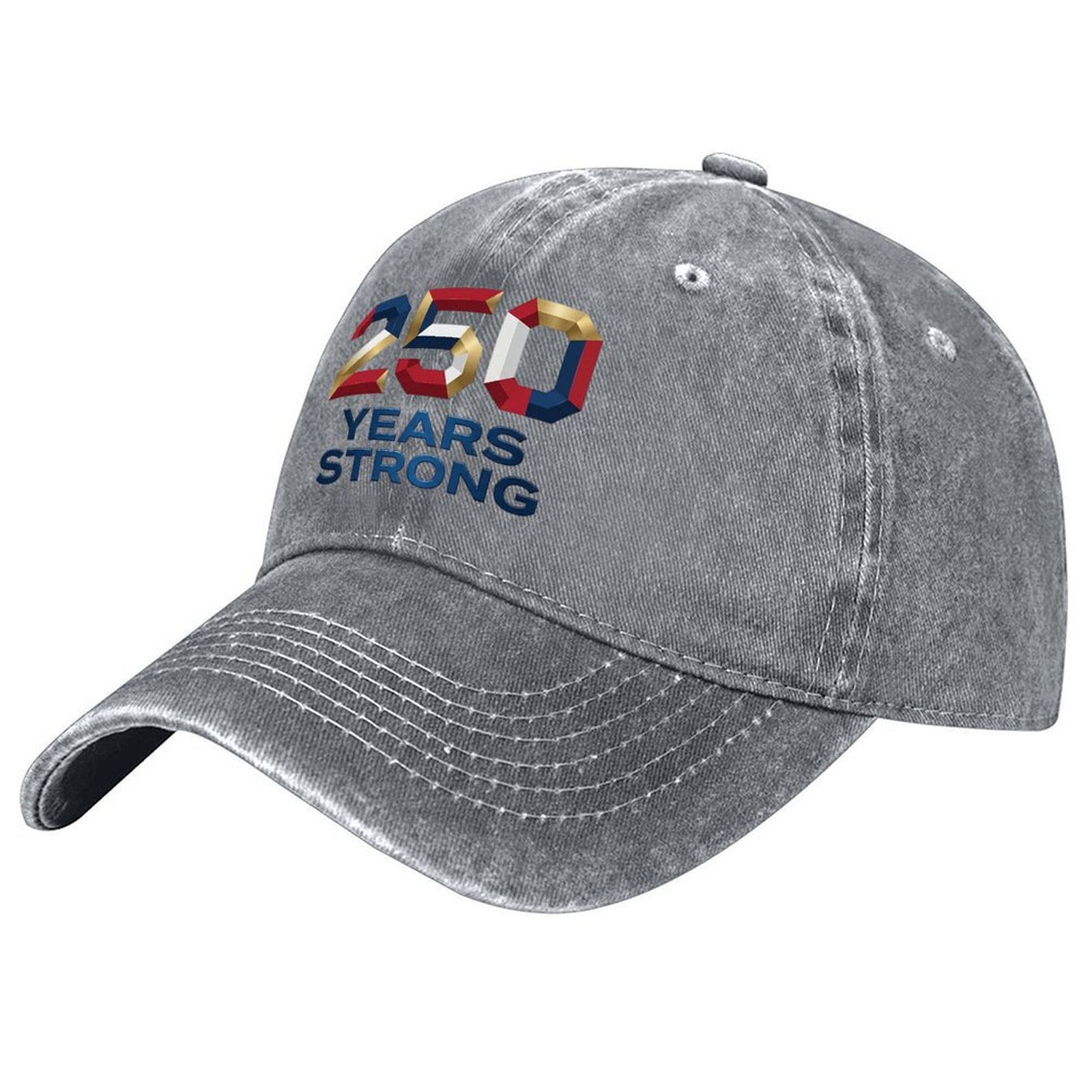 Distressed cotton baseball cap decorated with red white gold 3D 250 Years Strong USA 250th anniversary graphic