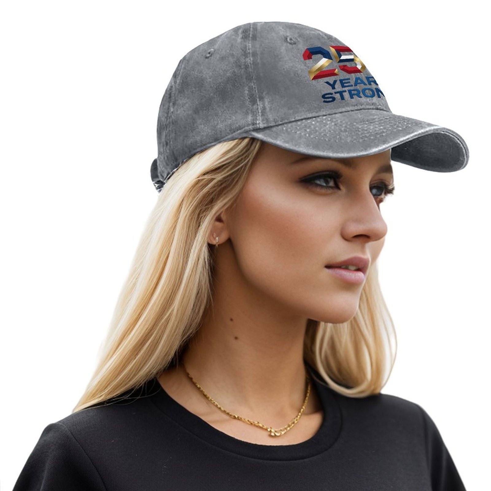 Female model wearing grey vintage washed denim baseball cap with 3D flag-style 250 Years Strong patriotic print, casual outdoor patriotic headwear