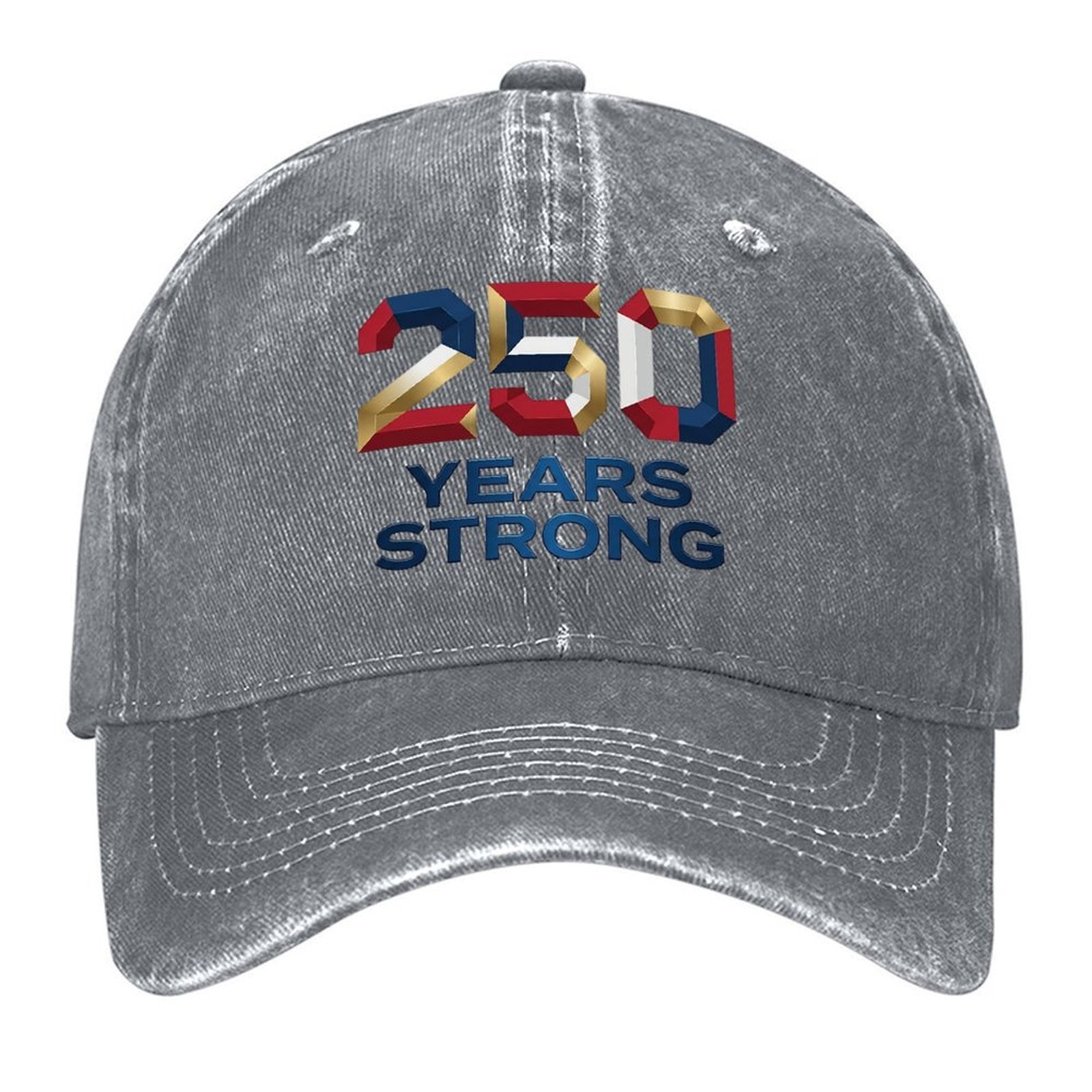 Faded vintage cap with bold patriotic 3D numeral and letter artwork for America’s 250-year celebration