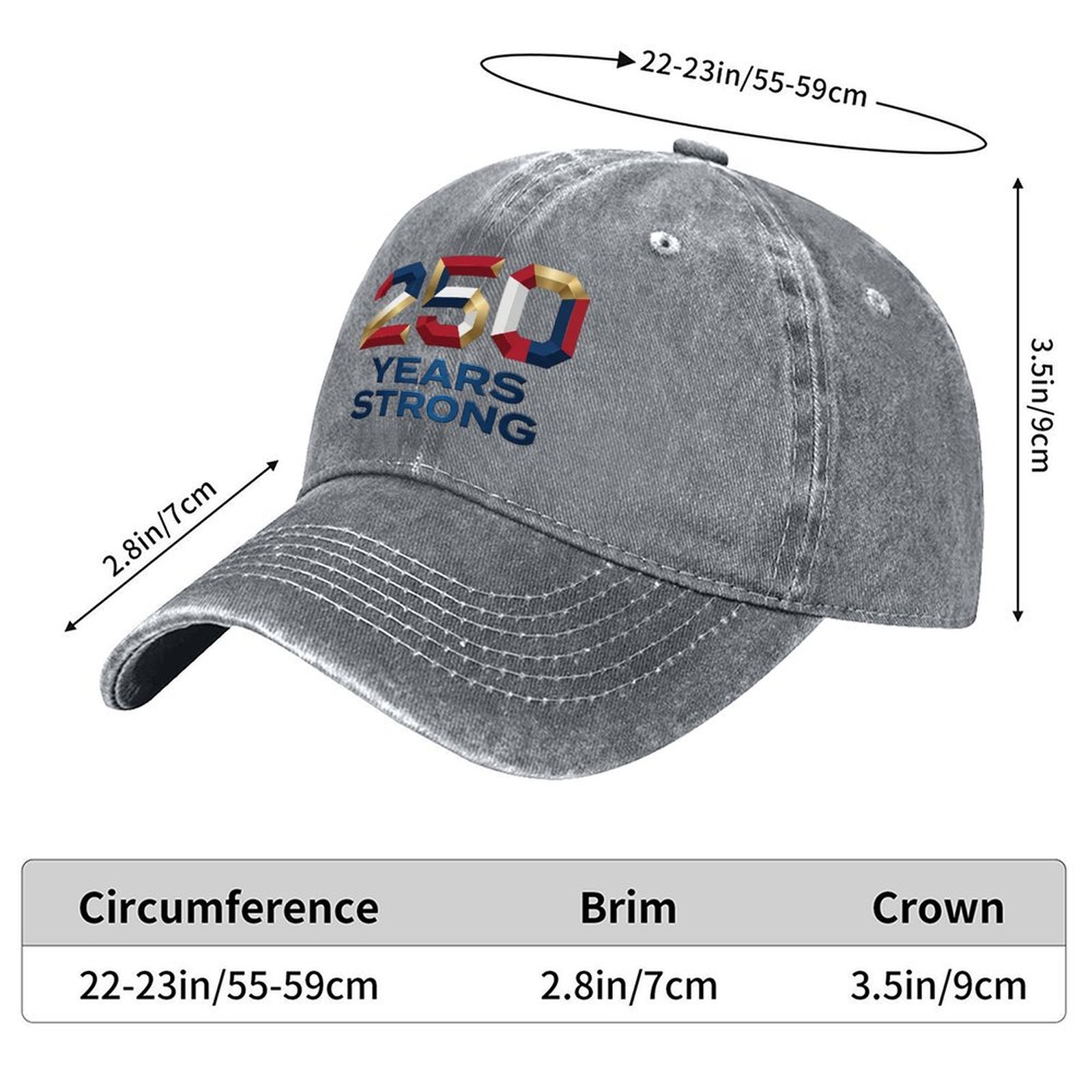 Washed baseball cap size specs, crown 9cm, brim 7cm, adjustable circumference 22–23 inch