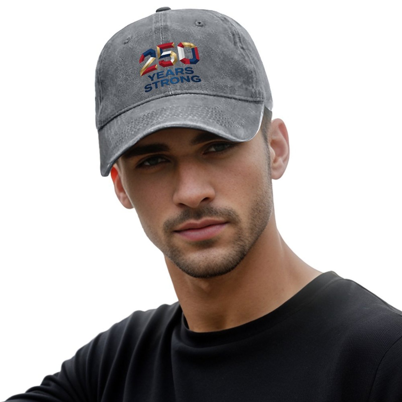 Gentleman in dark washed grey patriotic 250 Years Strong baseball cap for street casual styling