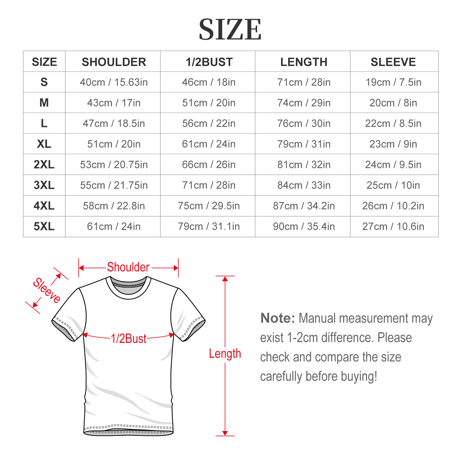 Unisex short sleeve tee size specification S~5XL with shoulder/bust/length/sleeve measurement data for cartoon World Cup soccer print shirt