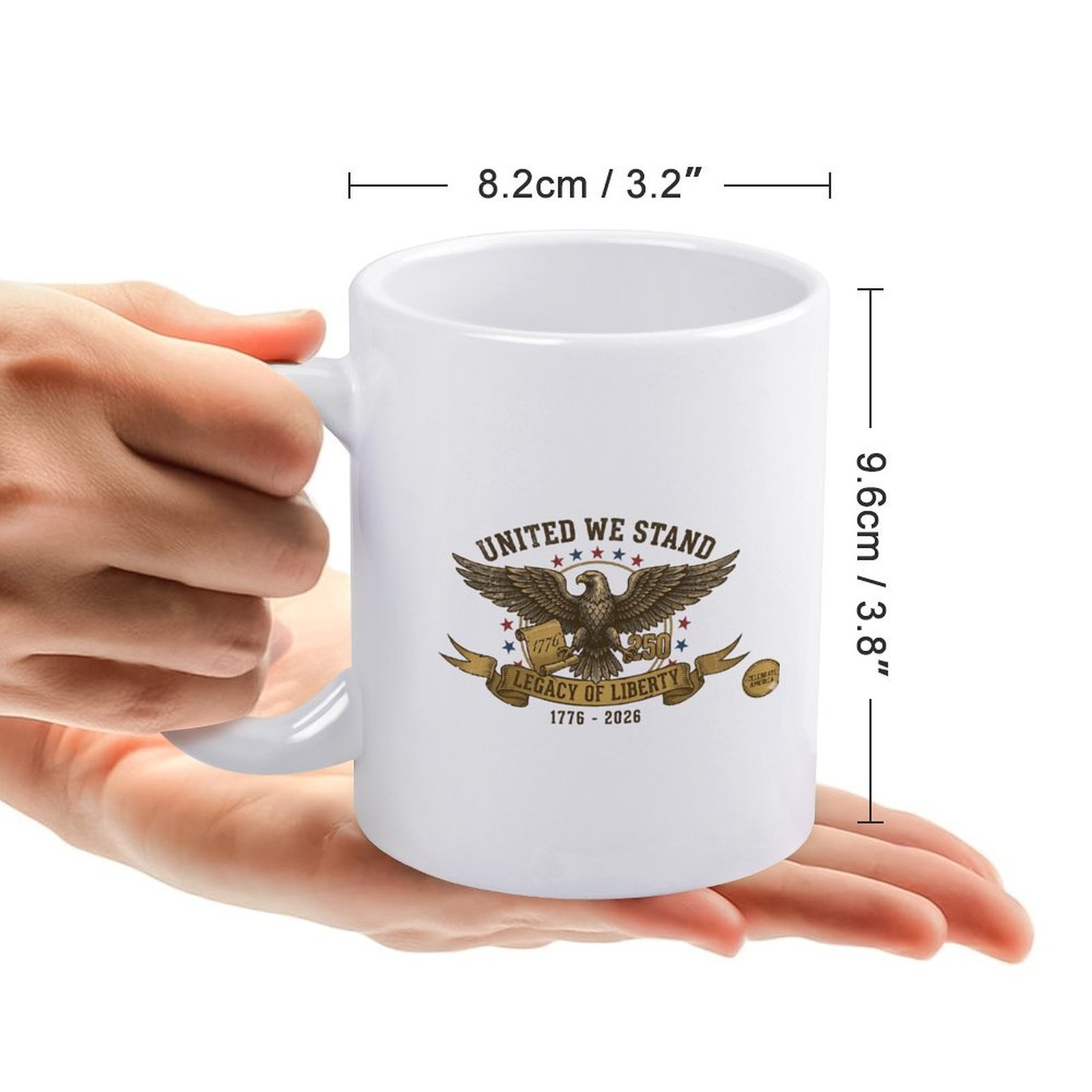 Dimension guide for 11oz patriotic eagle USA 250 coffee mug, 3.2in ×3.8in standard ceramic cup size display