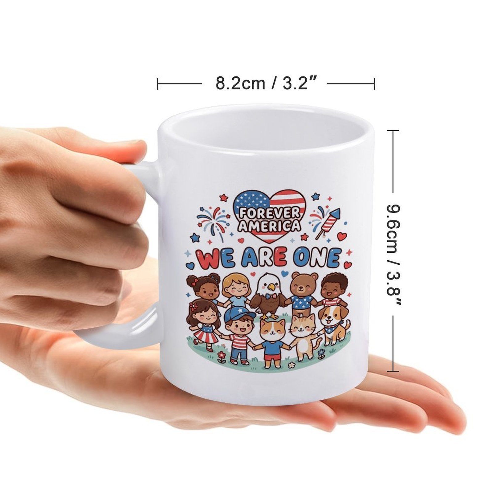 Standard 11oz ceramic mug dimension 8.2cm×9.6cm, cute unity America cartoon printed coffee cup held in hand