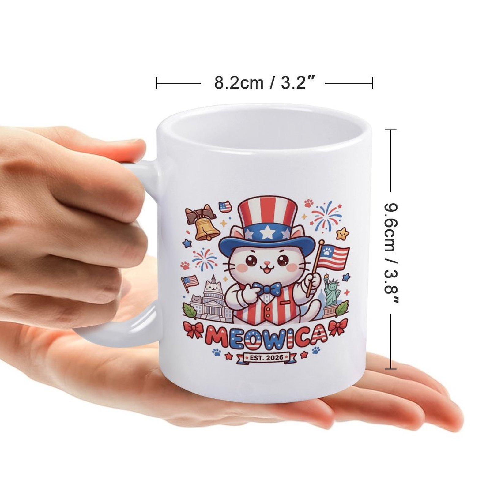 Size reference picture: Hand-held 11oz ceramic mug dimension 8.2cm×9.6cm, cute patriotic cat pun printed household beverage mug